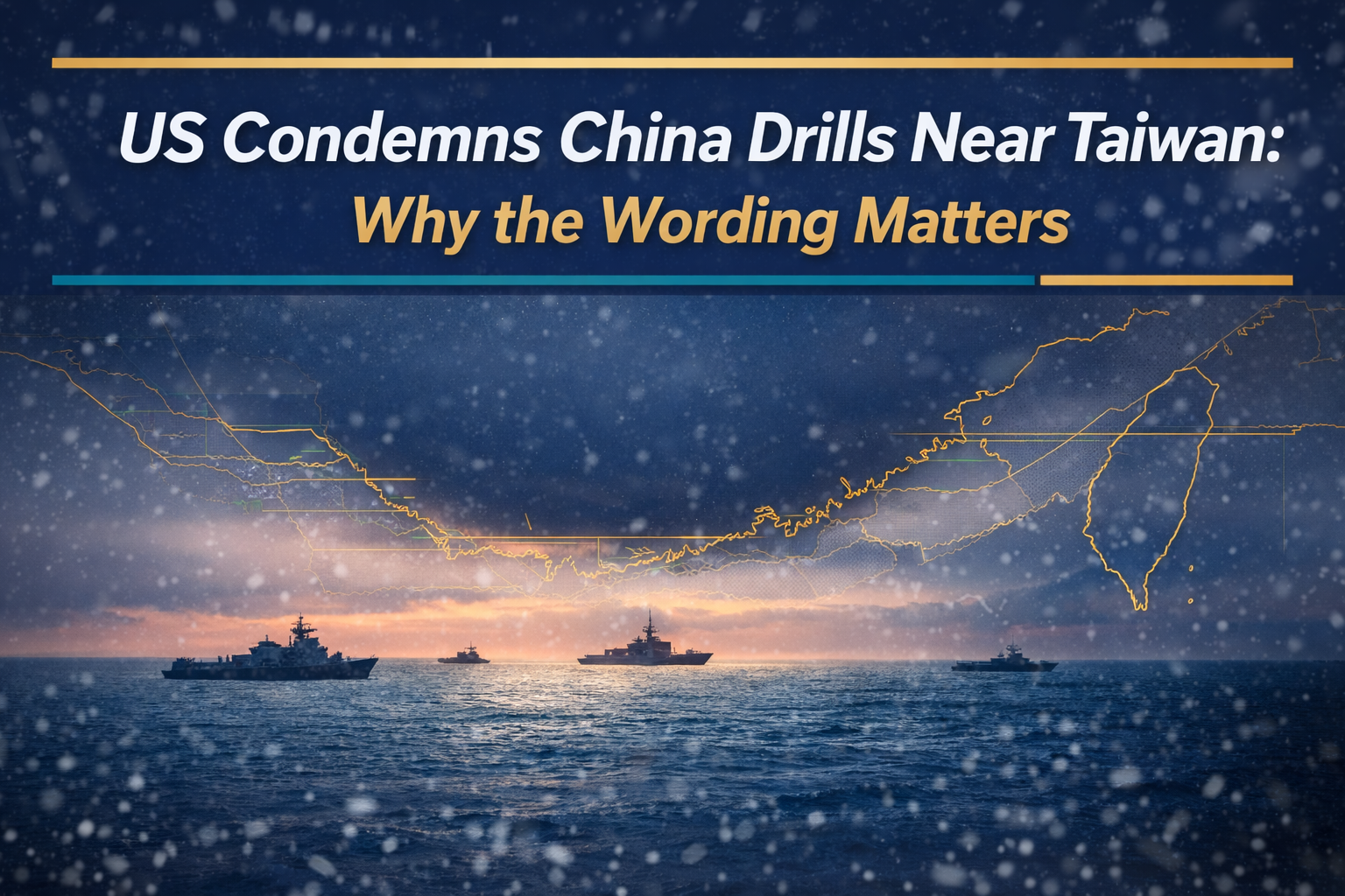 Photographic banner of the Taiwan Strait with minimalist map overlay, representing China drills near Taiwan and rising regional tension.