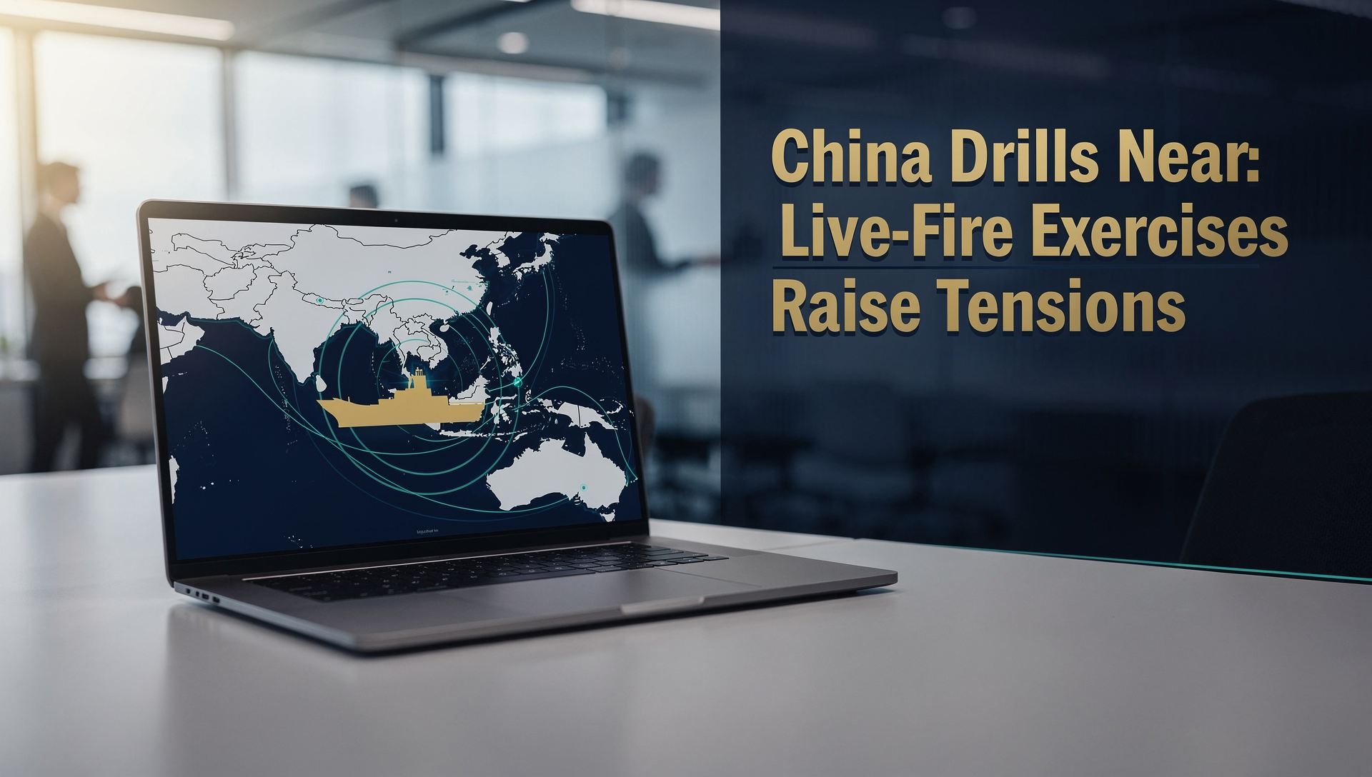 China drills near Taiwan banner with a corporate risk-briefing style, abstract map elements, and navy-gold-teal branding.