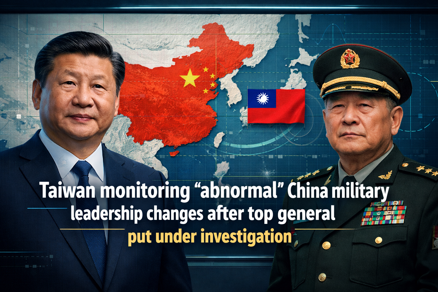 Taiwan monitoring abnormal China military leadership changes banner with Xi Jinping, Zhang Youxia, Taiwan flag near Taiwan, and China flag over mainland China.
