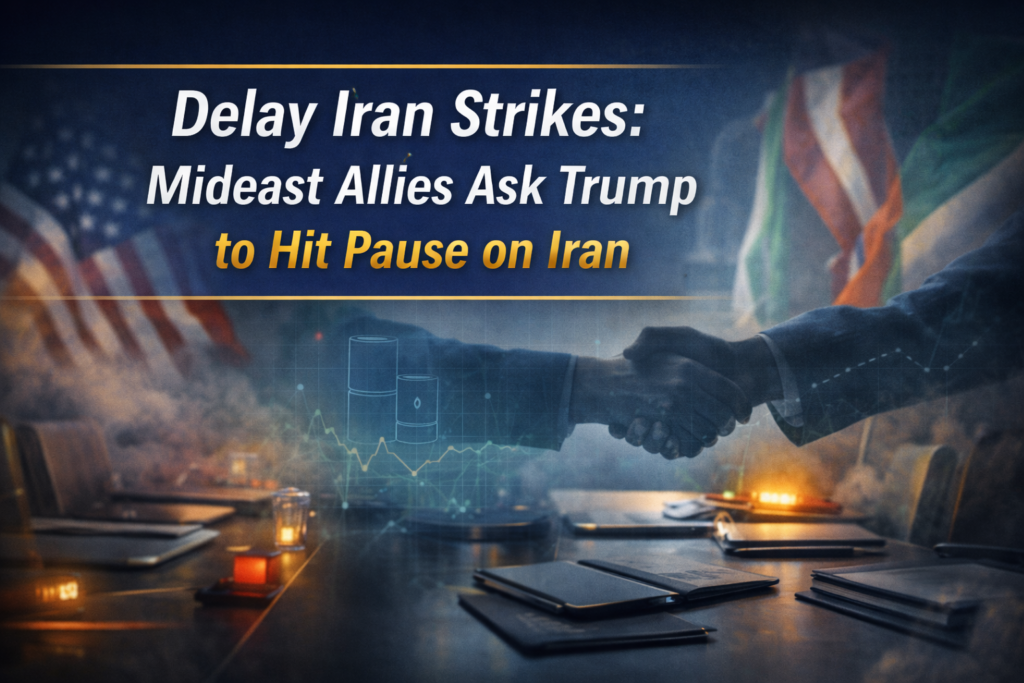 Delay Iran strikes banner featuring diplomatic meeting visuals, market chart overlays, and navy-and-gold business styling.