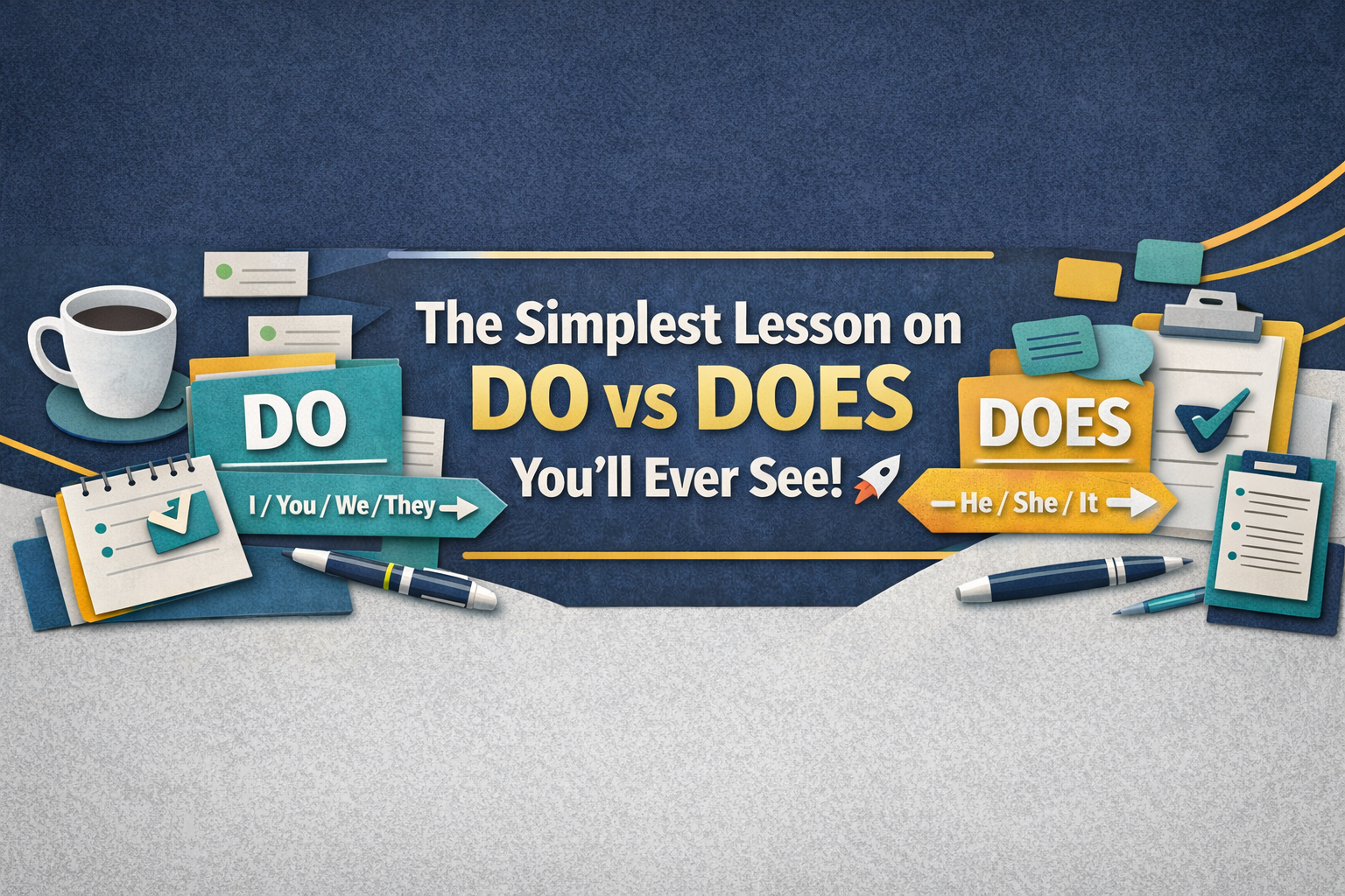 Do vs Does Lesson banner in 3D paper cut style with navy, gold, light gray, and teal office-paper visuals and the title “The Simplest Lesson on DO vs DOES You'll Ever See!”