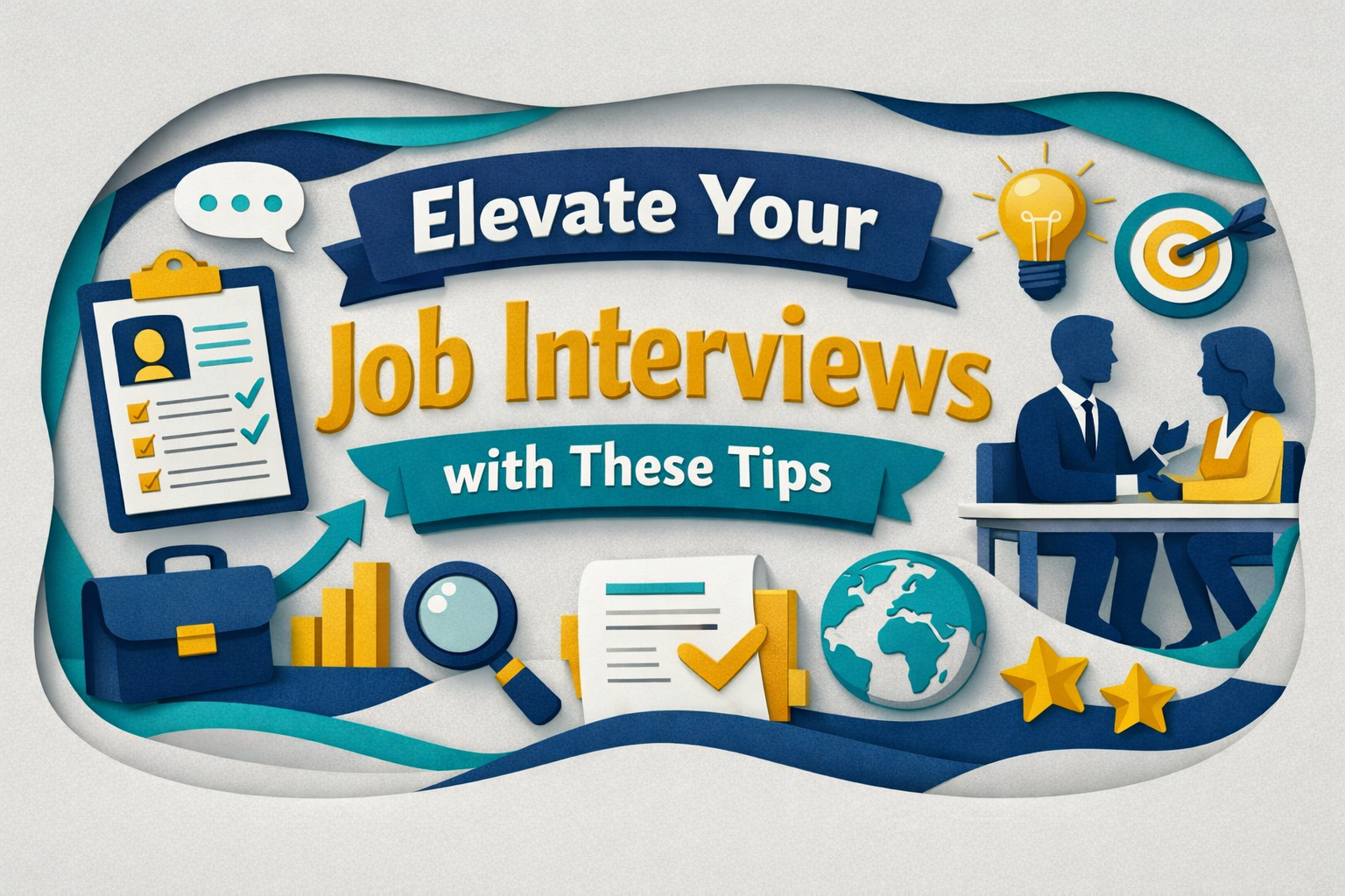 Wide 3D paper cut banner for English job interview tips, showing a confident professional in a modern office with interview notes, checklist, and subtle teal highlights.