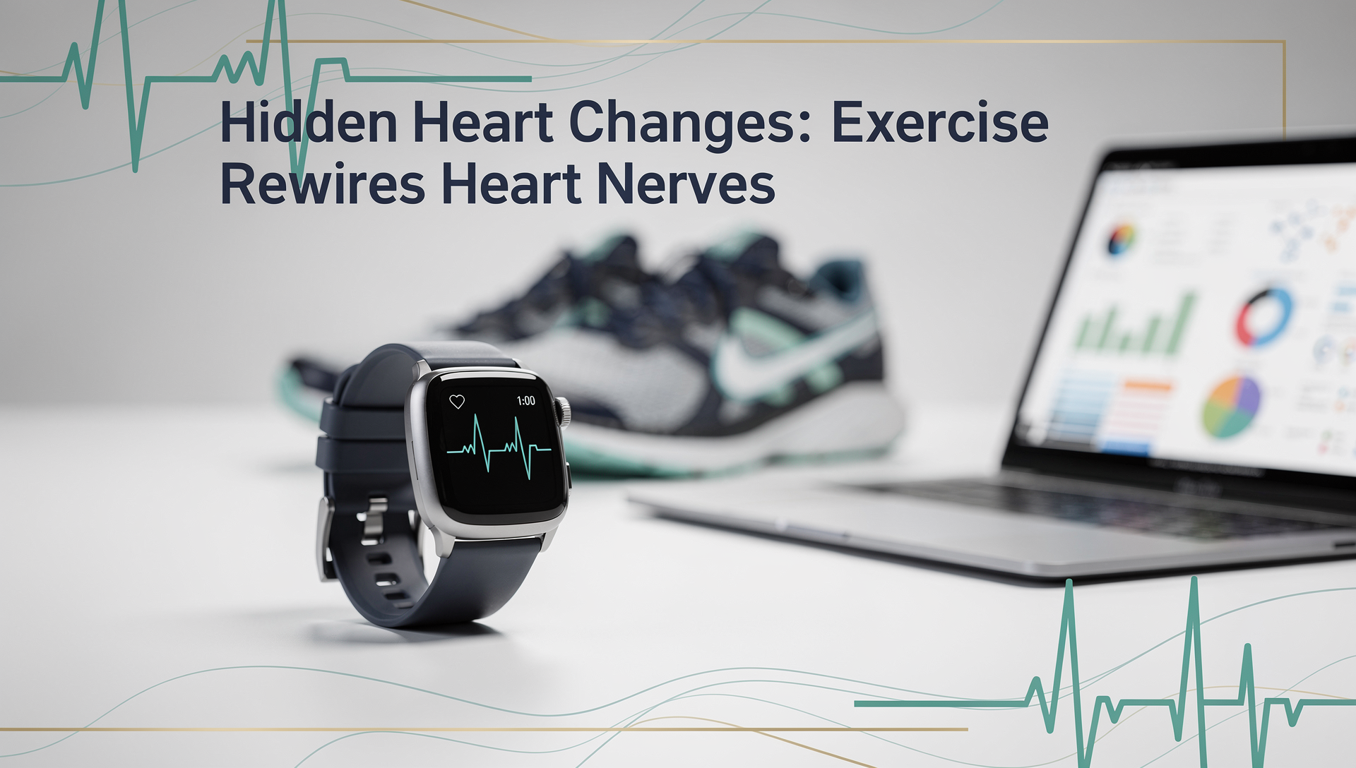 Exercise rewires heart nerves banner with a smartwatch heart-rate line and fitness gear in a modern business-style health design.