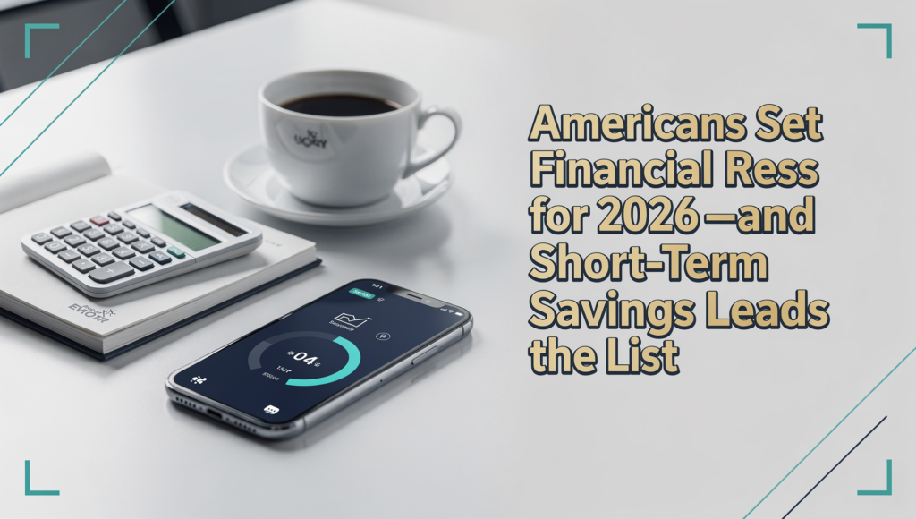 Financial resolutions for 2026 banner showing a modern budgeting workspace with savings visuals in navy, gold, and teal.