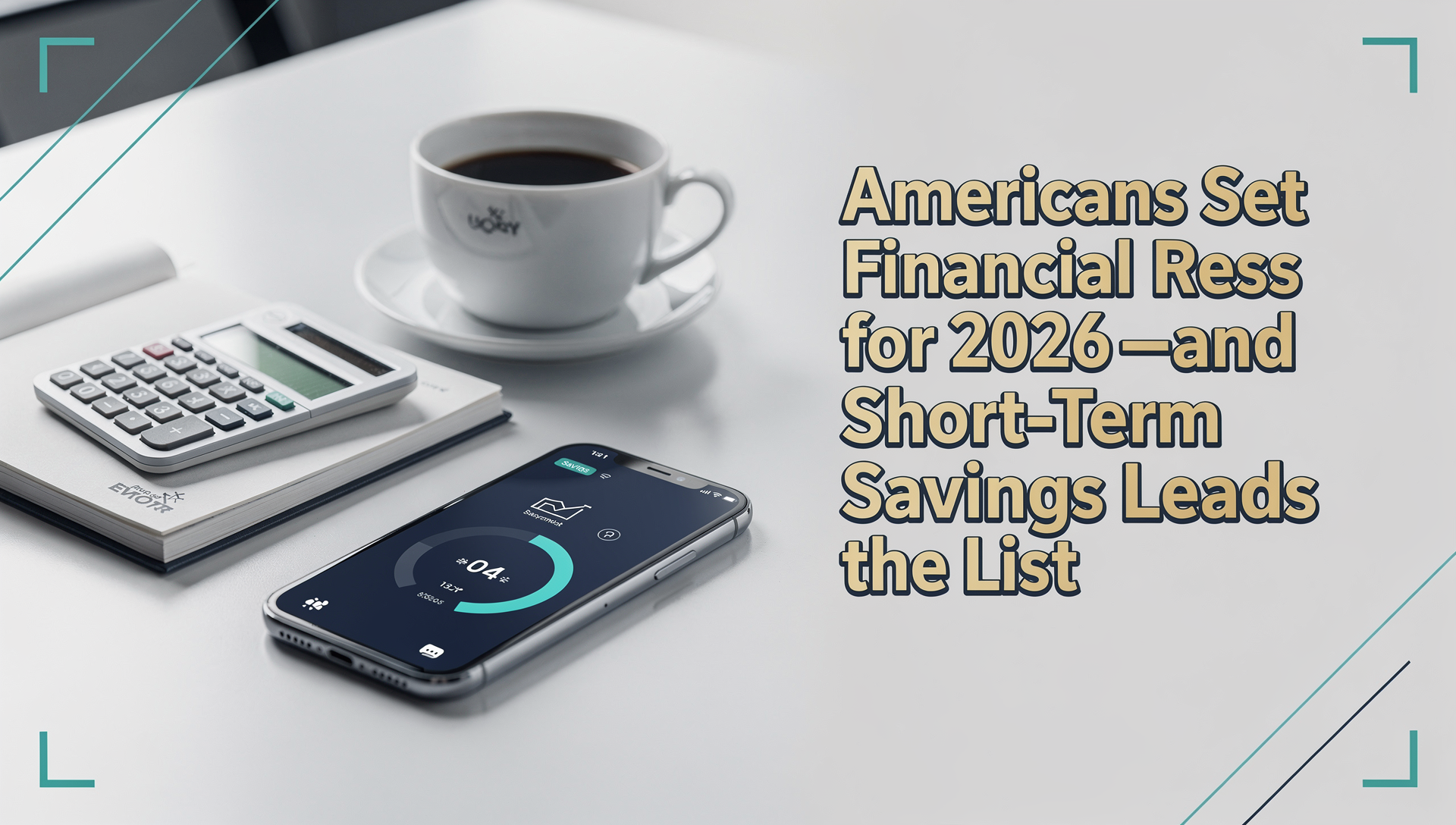 Financial resolutions for 2026 banner showing a modern budgeting workspace with savings visuals in navy, gold, and teal.