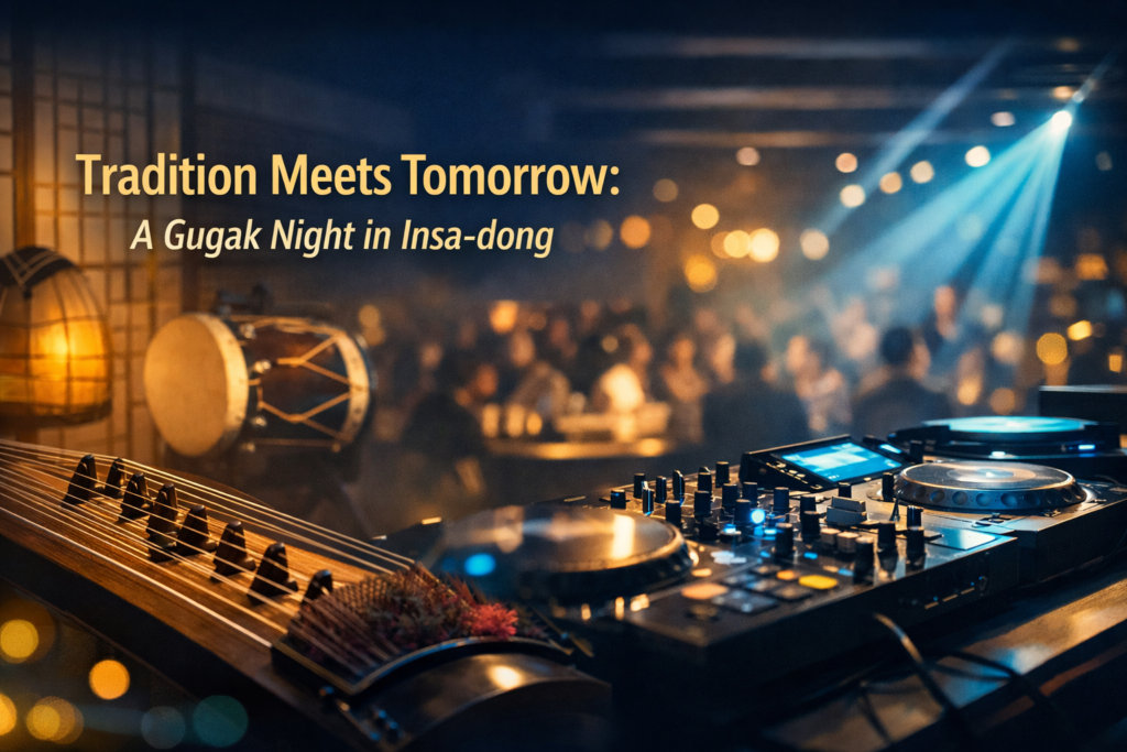 Gugak event at KOTE banner showing a modern Seoul venue with DJ decks and traditional Korean instrument details in navy, gold, and teal.