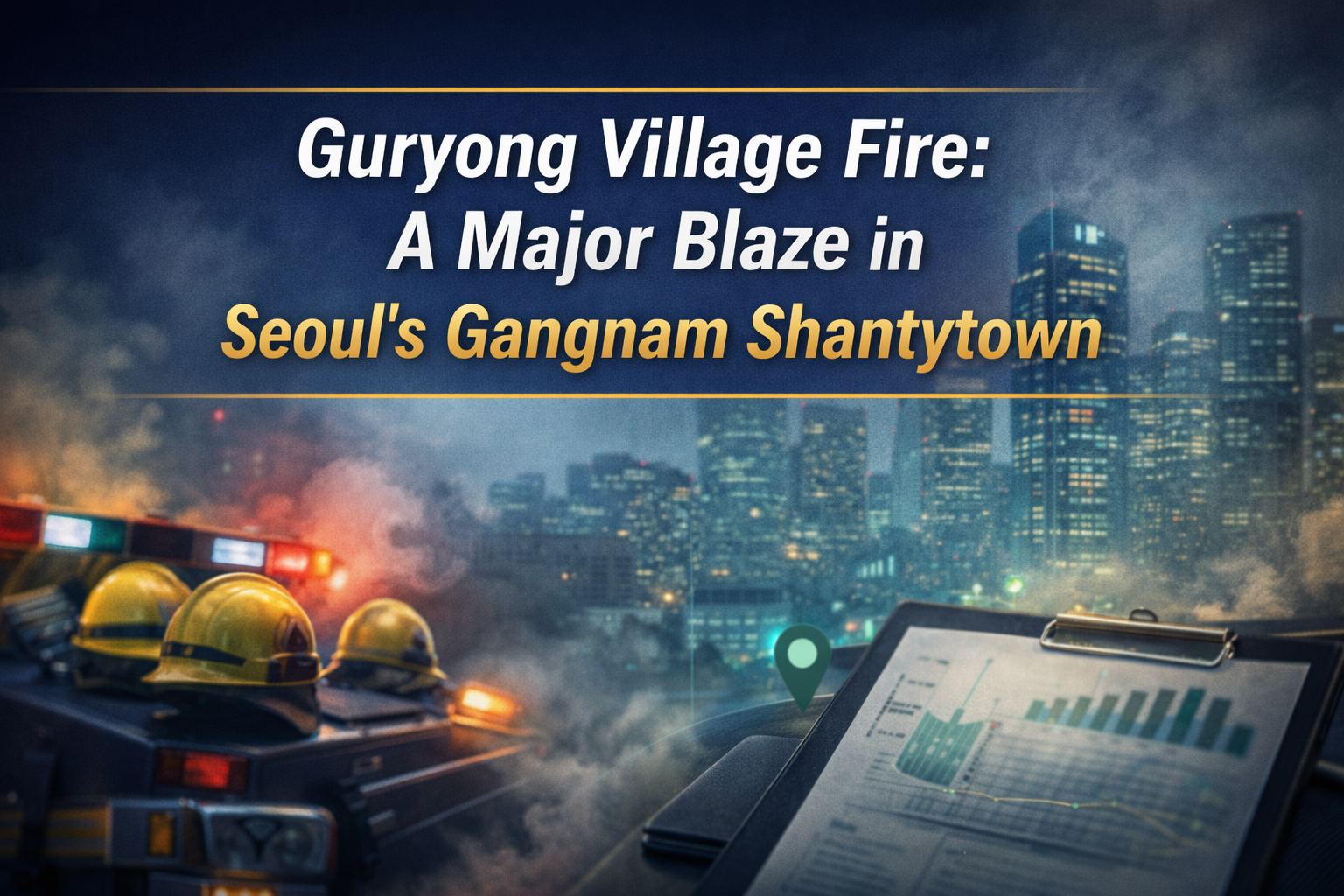 Guryong Village fire banner showing Seoul Gangnam skyline with emergency response atmosphere, smoke haze, and navy-and-gold business design.