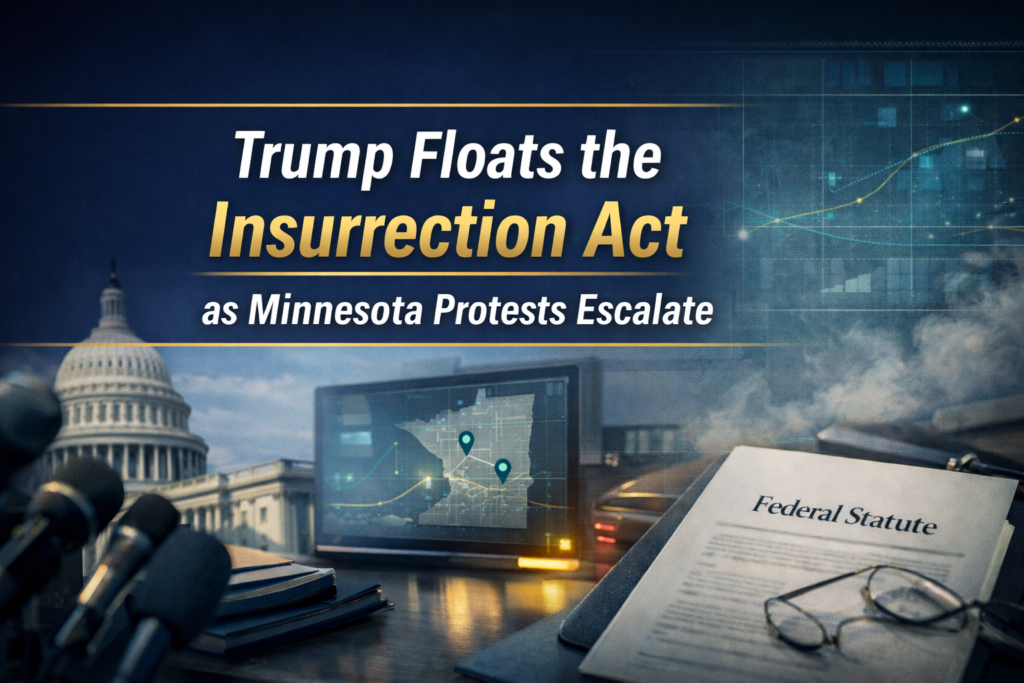 Insurrection Act Minnesota banner showing a crisis briefing scene with Minnesota map overlay, microphones, and navy-and-gold business styling.