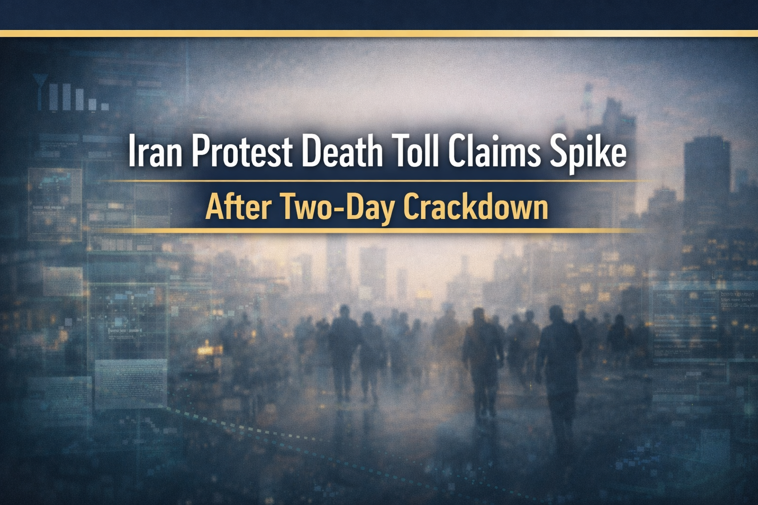 Iran protest death toll banner with a muted cityscape and abstract data/blackout visuals in navy and gold, displaying the article title.
