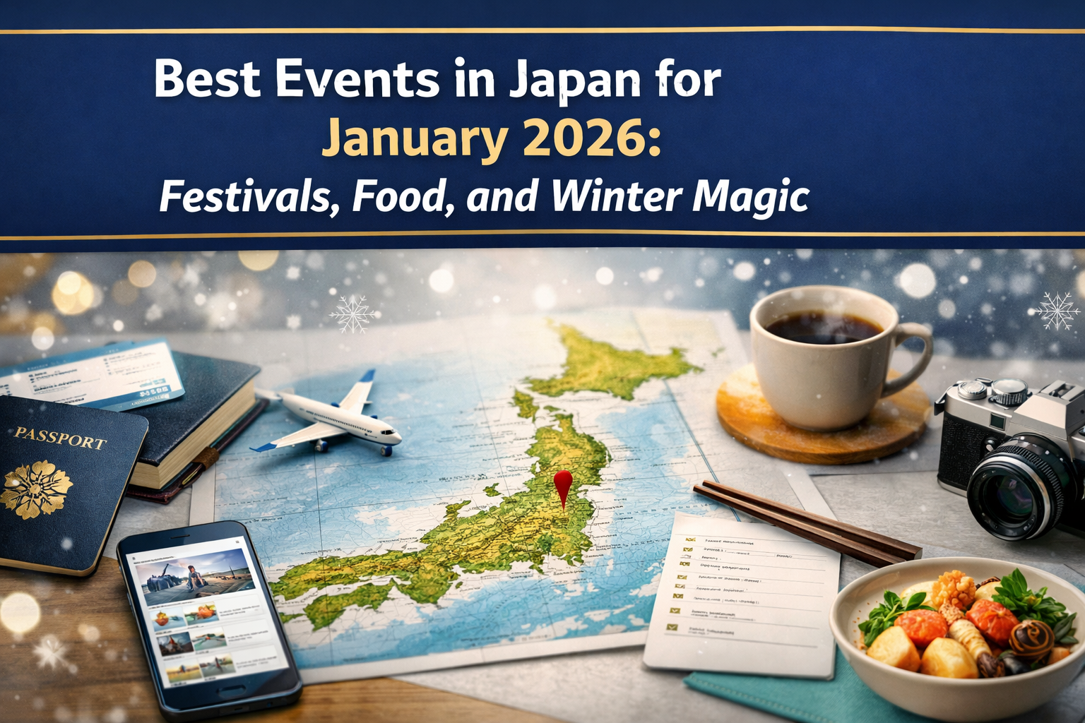 Japan January events 2026 banner featuring a travel-planning desk scene with map and winter travel visuals in navy, gold, gray, and teal.