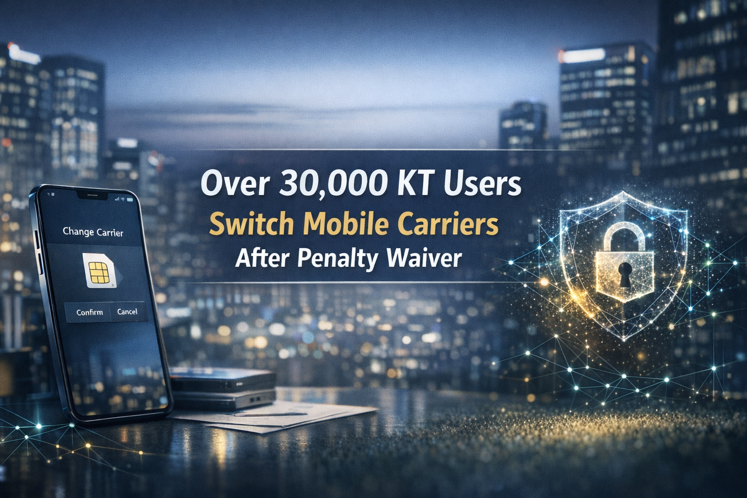 Over 30,000 KT Users Switch Mobile Carriers After Penalty Waiver banner showing a smartphone carrier switch screen and data security visuals as KT users switch mobile carriers in Korea.