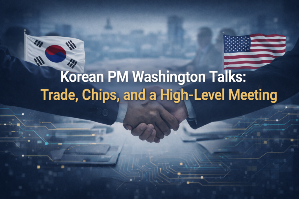 Korean PM Washington talks — wide banner showing a diplomatic business meeting scene with subtle chip-pattern trade highlights in navy, gold, gray, and teal.