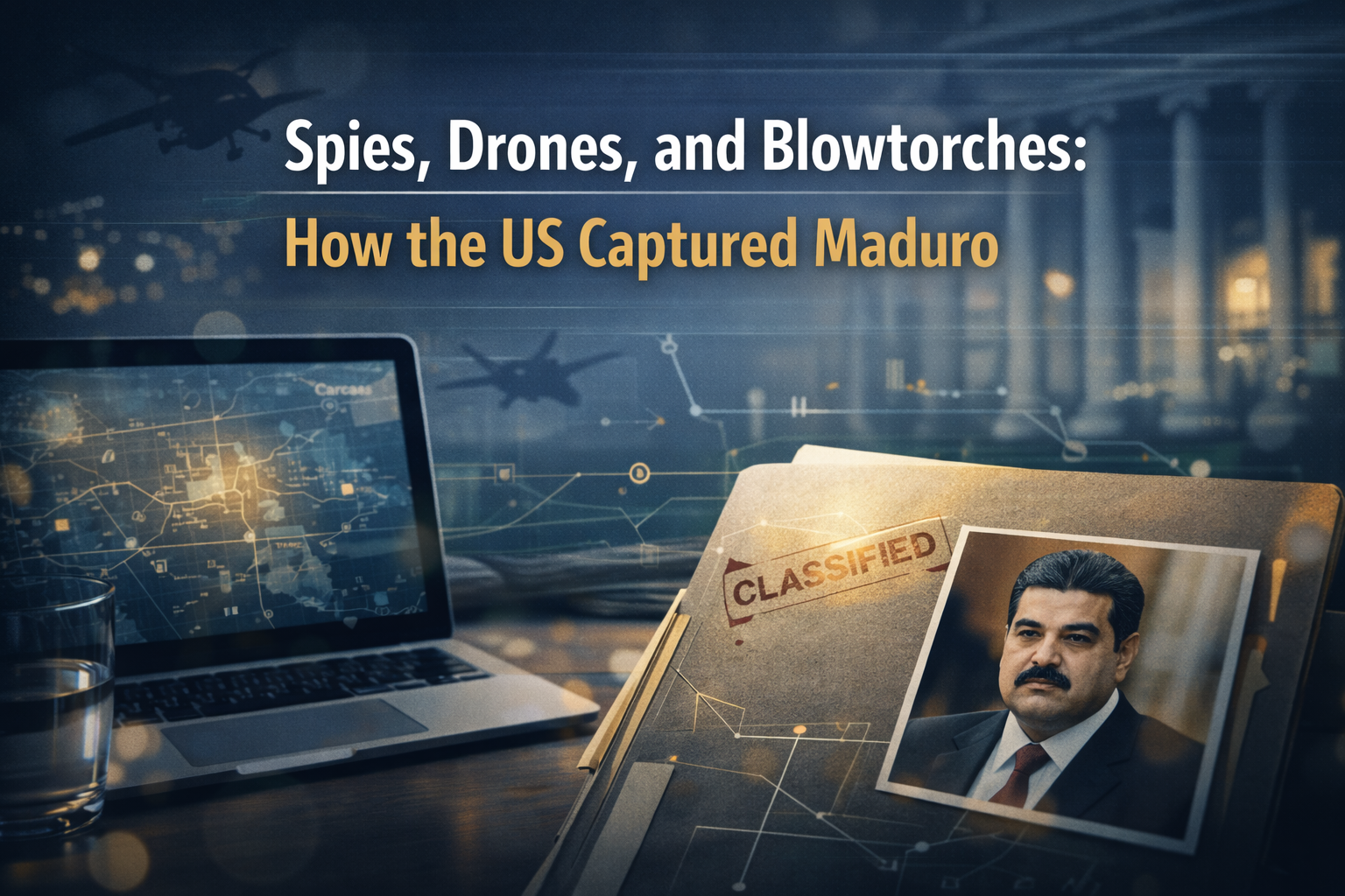 Maduro capture operation banner showing an investigative briefing desk with map overlays, subtle drone silhouette, and courtroom-style background cues.