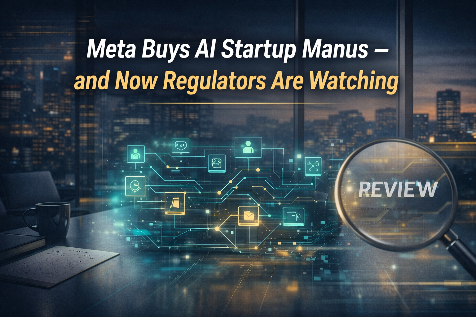 Meta buys AI startup Manus banner featuring a futuristic AI network in a corporate boardroom with subtle regulatory review symbolism.
