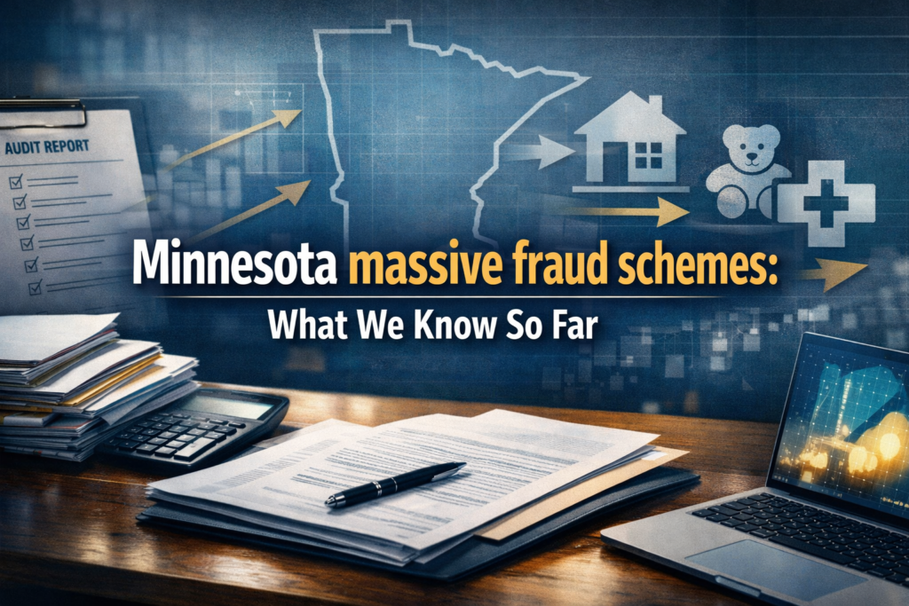 Minnesota massive fraud schemes banner showing an investigative business-news scene with audit paperwork and public program icons.