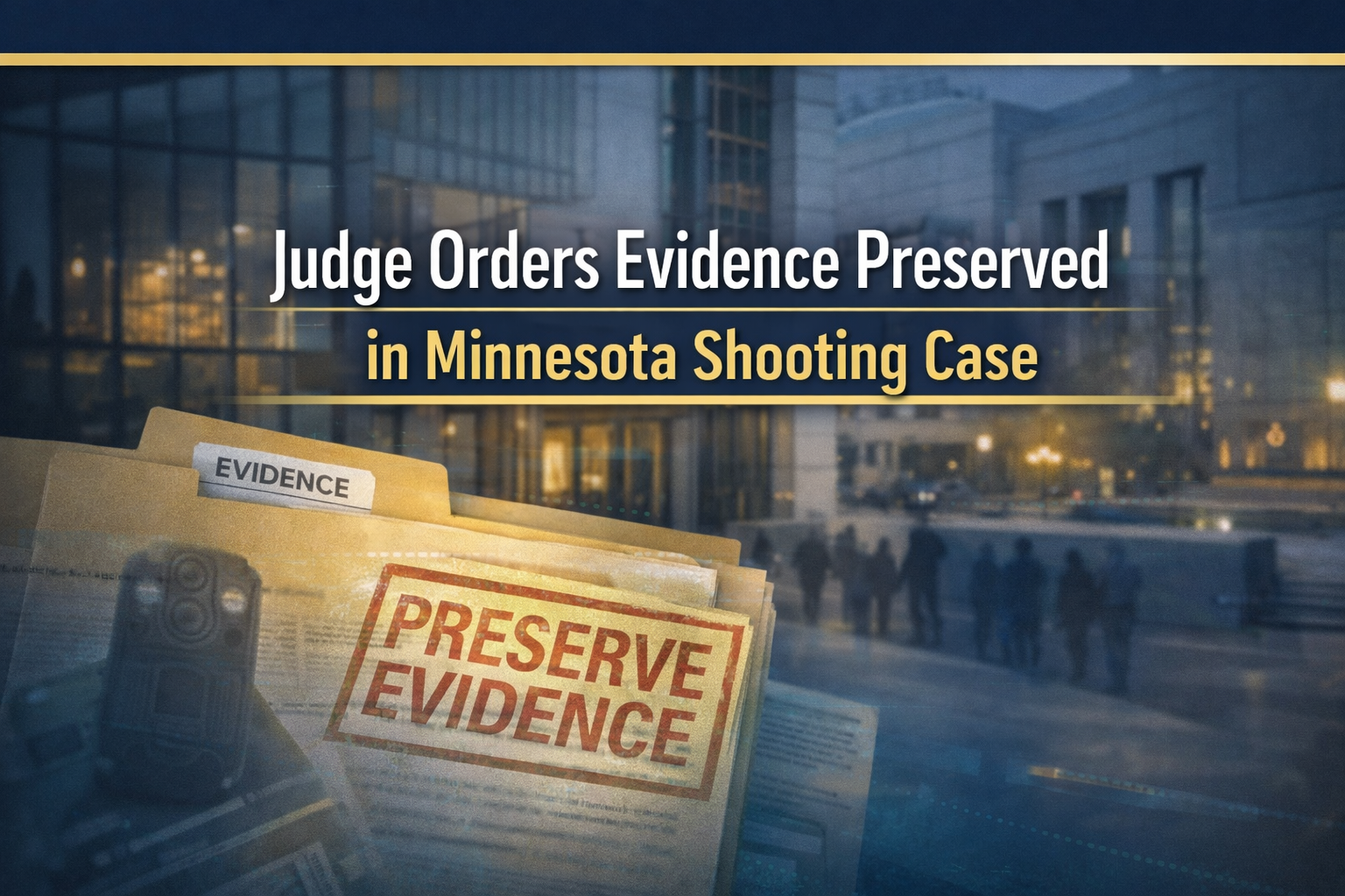 Minnesota shooting evidence order banner with a courthouse background and evidence-file visuals in navy, gold, gray, and teal, featuring the article title.
