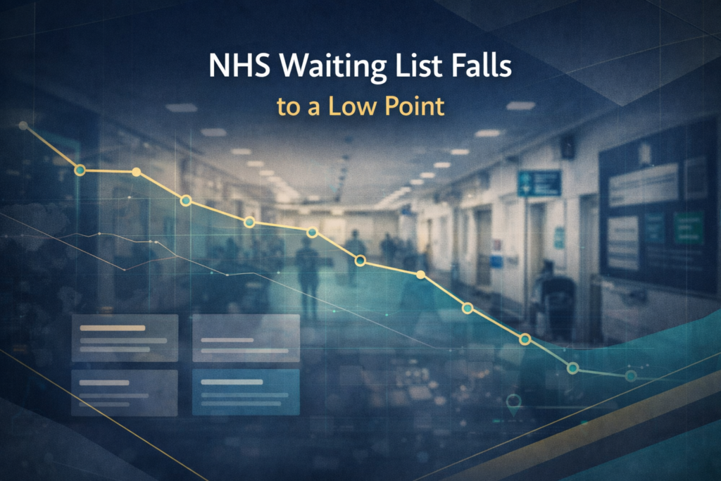NHS waiting list falls banner showing a modern hospital scene with a downward trend graphic representing shorter waiting times.