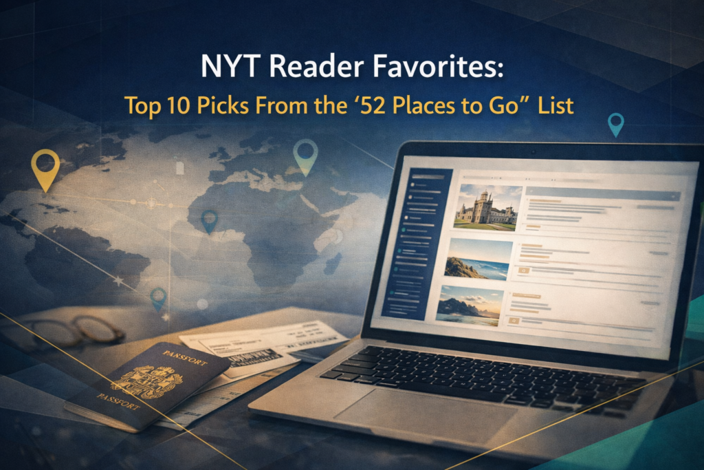 NYT reader favorites banner featuring a travel business desk scene with map and itinerary visuals inspired by the Top 10 picks list.