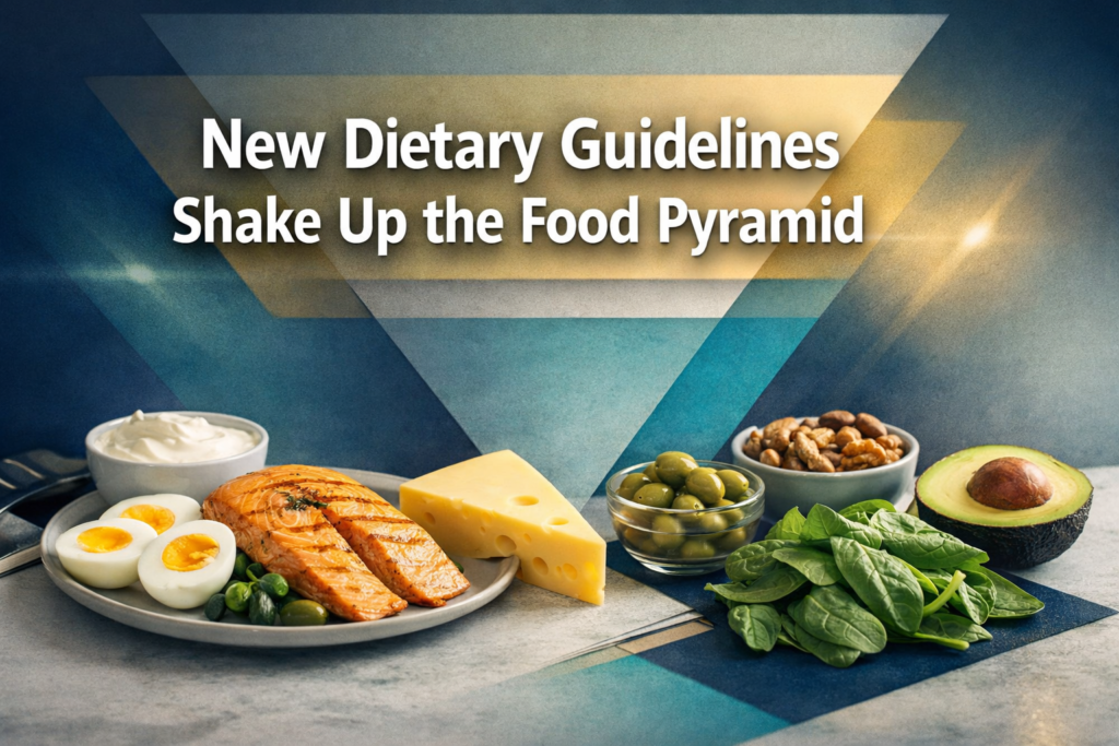 New dietary guidelines banner with a clean protein-forward meal scene and modern policy-style visuals in navy, gold, gray, and teal.