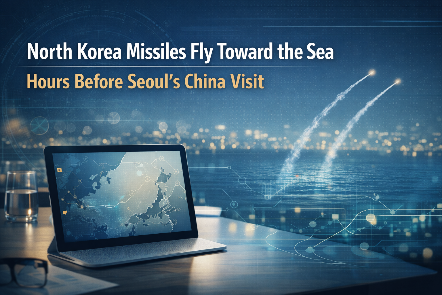 North Korea missiles banner featuring a diplomatic briefing table, East Asia map display, and subtle radar-style overlay in business-news style.