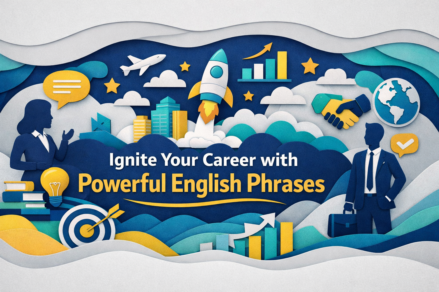 3D paper cut art banner in navy blue and soft gold showing a confident professional with speech bubbles and the title “Ignite Your Career with Powerful English Phrases.”
