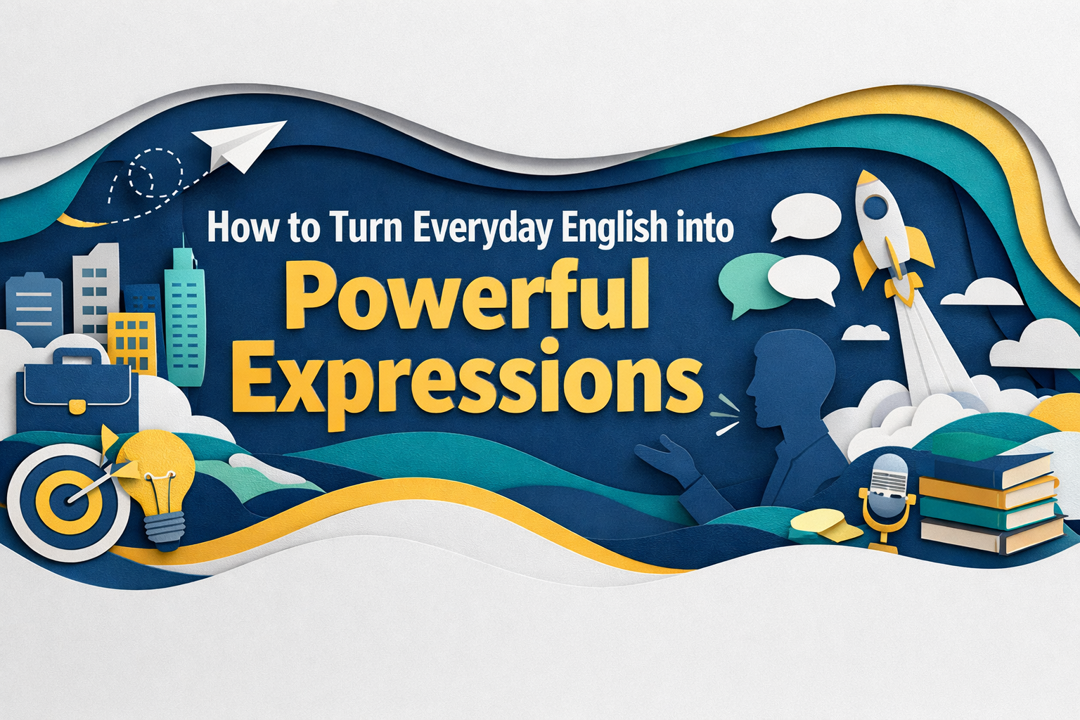 3D paper cut art banner in navy blue, soft gold, light gray, and teal showing a professional upgrading simple words into powerful English expressions, with the title “How to Turn Everyday English into Powerful Expressions.”