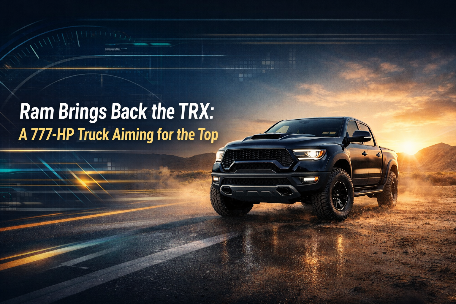 Ram TRX 777-HP supercharged truck banner showing a high-performance off-road pickup in a modern, premium automotive scene.