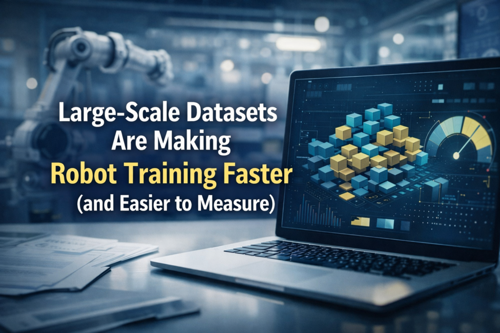 RoboReward dataset for robot training illustrated with a modern robotics workspace and AI performance dashboard banner