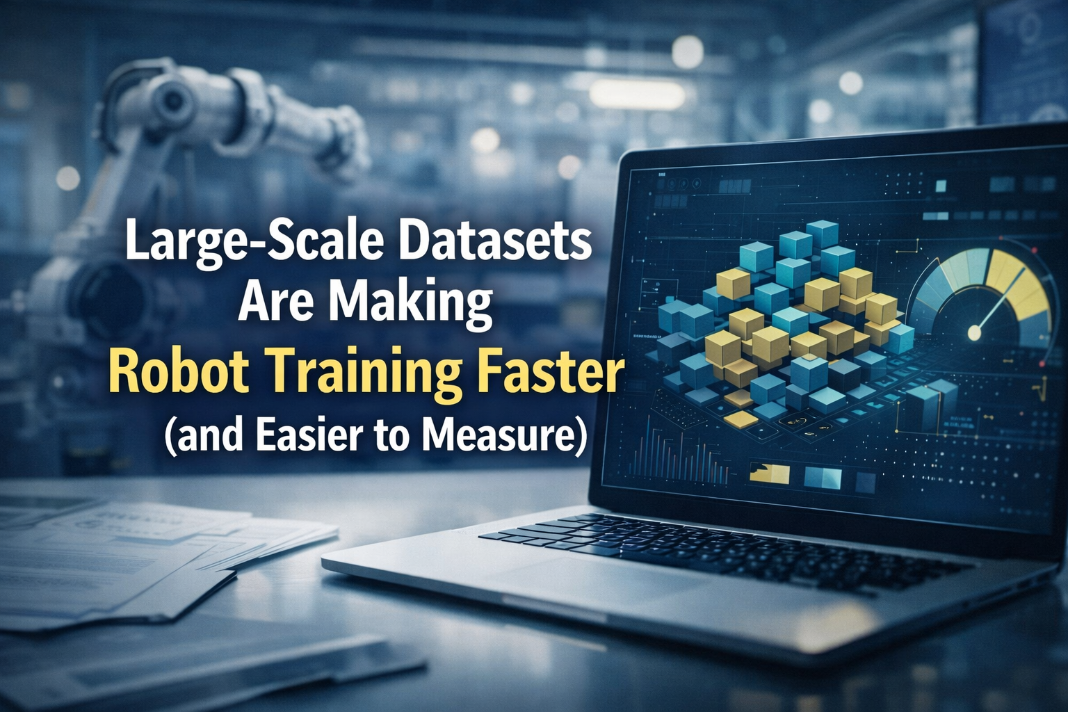 RoboReward dataset for robot training illustrated with a modern robotics workspace and AI performance dashboard banner