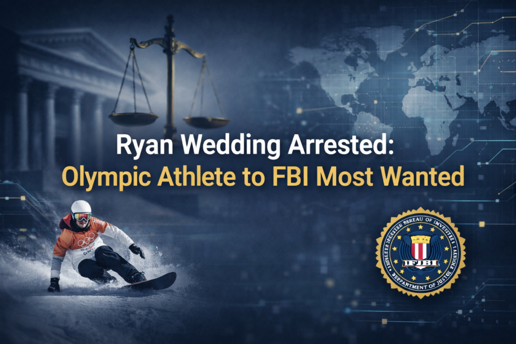 Ryan Wedding Arrested — wide banner with a courthouse-style business visual and international investigation cues in navy, gold, gray, and teal.