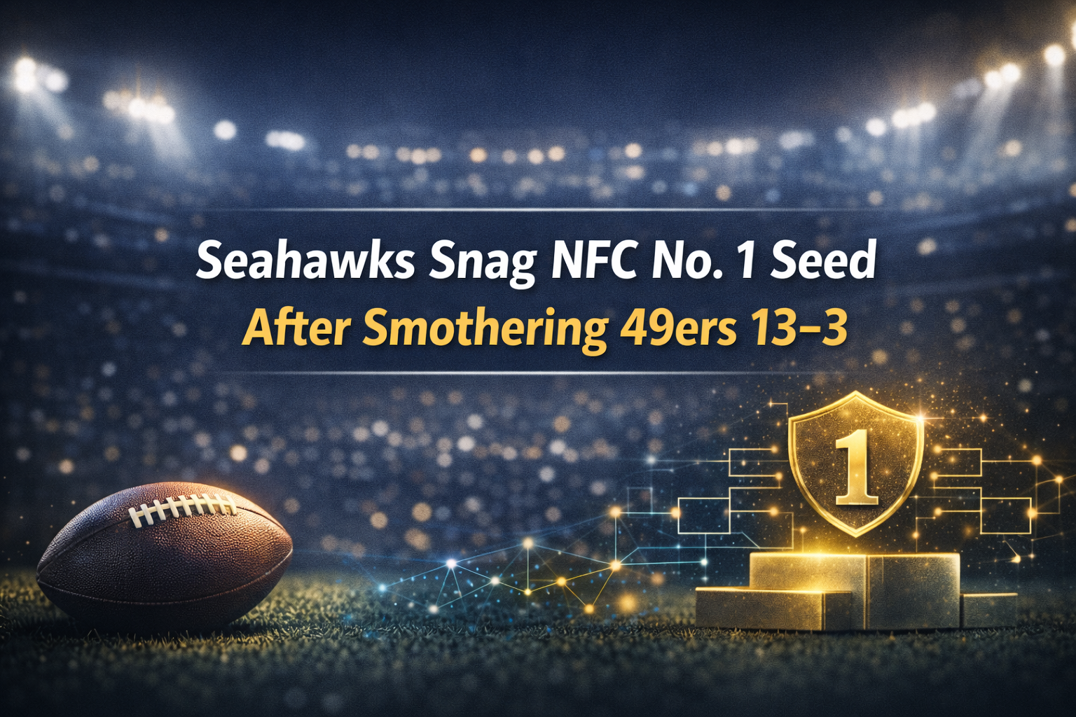 Seahawks Snag NFC No. 1 Seed After Smothering 49ers 13–3 banner with a stadium football scene and top-ranking visuals, showing how the Seahawks snag NFC No. 1 seed.