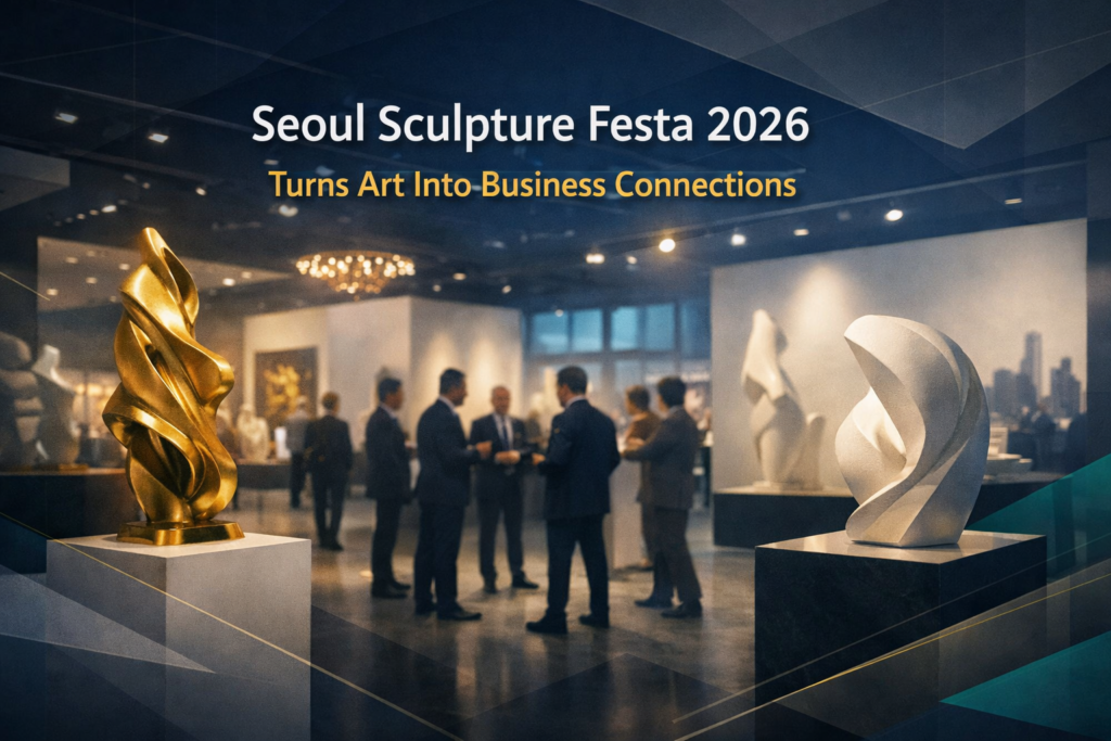 Seoul Sculpture Festa 2026 banner showing a modern Seoul art fair space where sculpture and business networking connect.