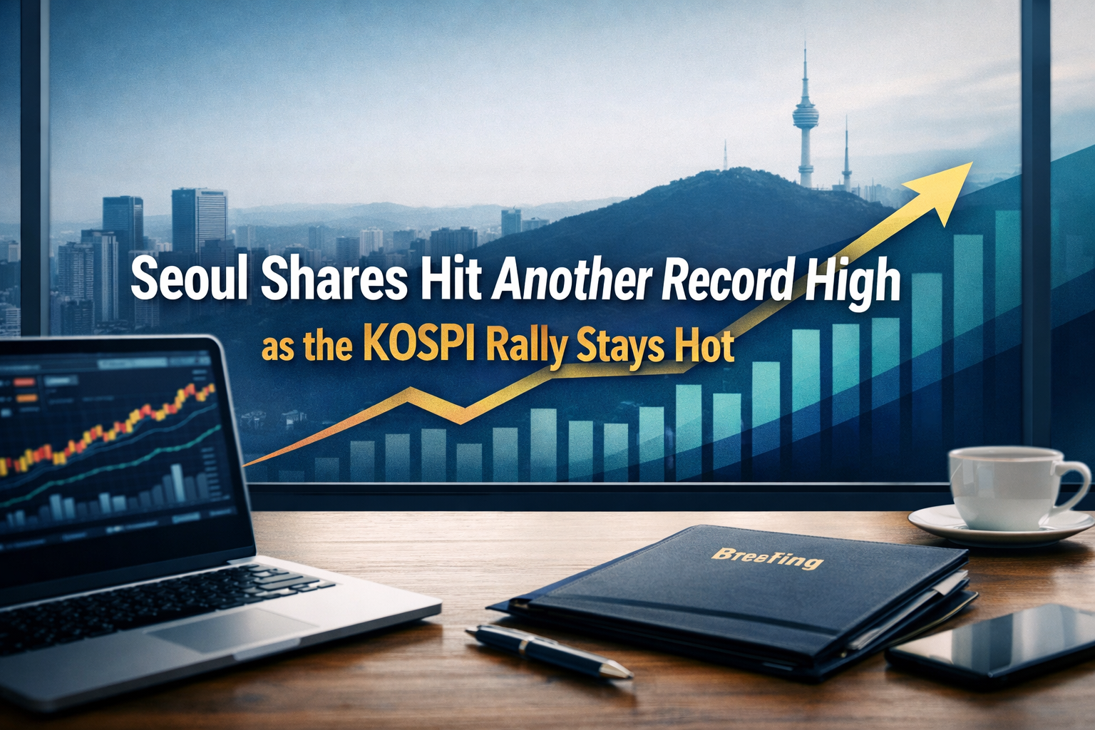 Seoul shares close at record high as the KOSPI rally continues, shown with a rising market chart and modern Seoul business skyline.