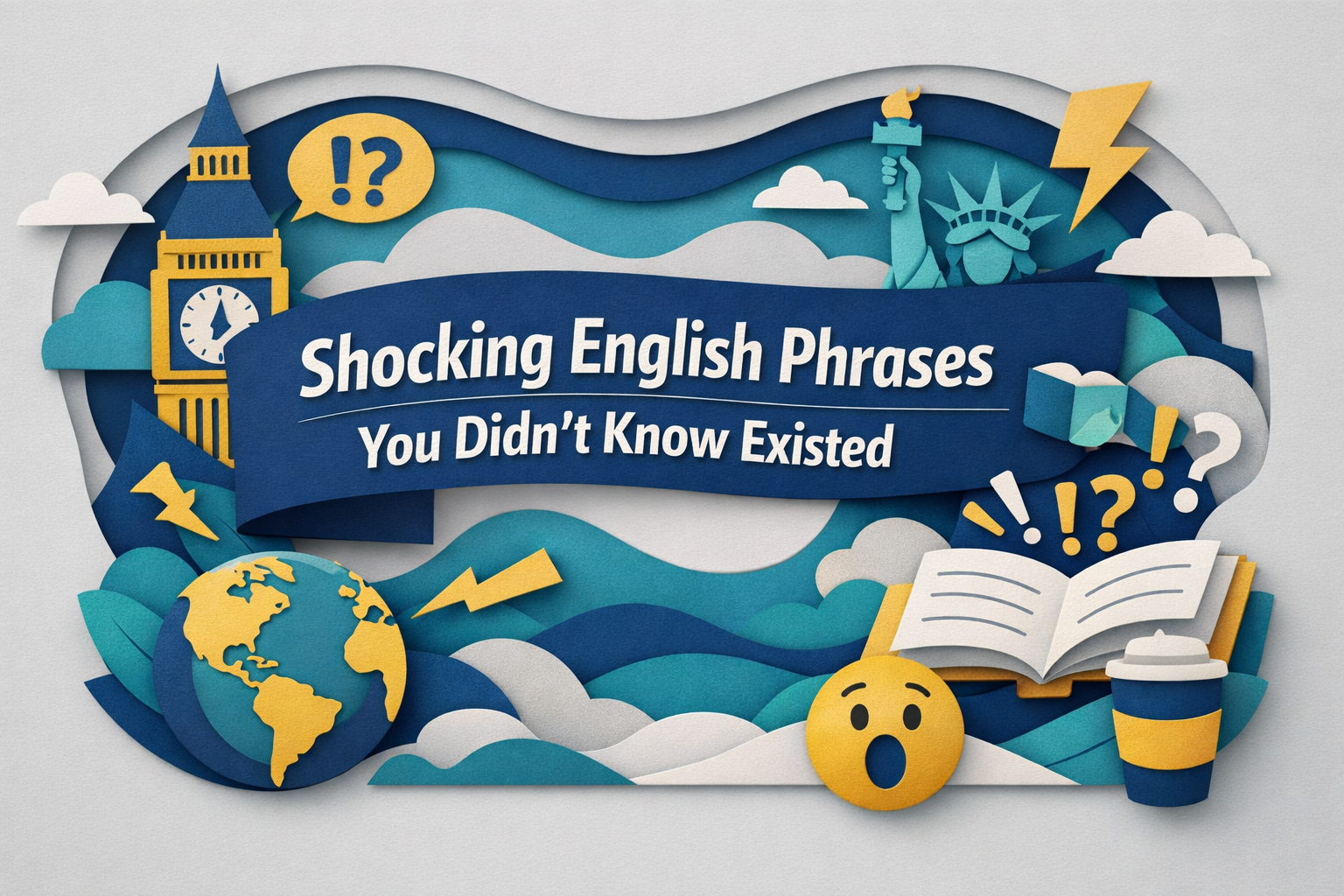 3D paper cut banner in navy, soft gold, teal, and light gray featuring surprised icons and speech bubbles for Shocking English Phrases in advanced business English.