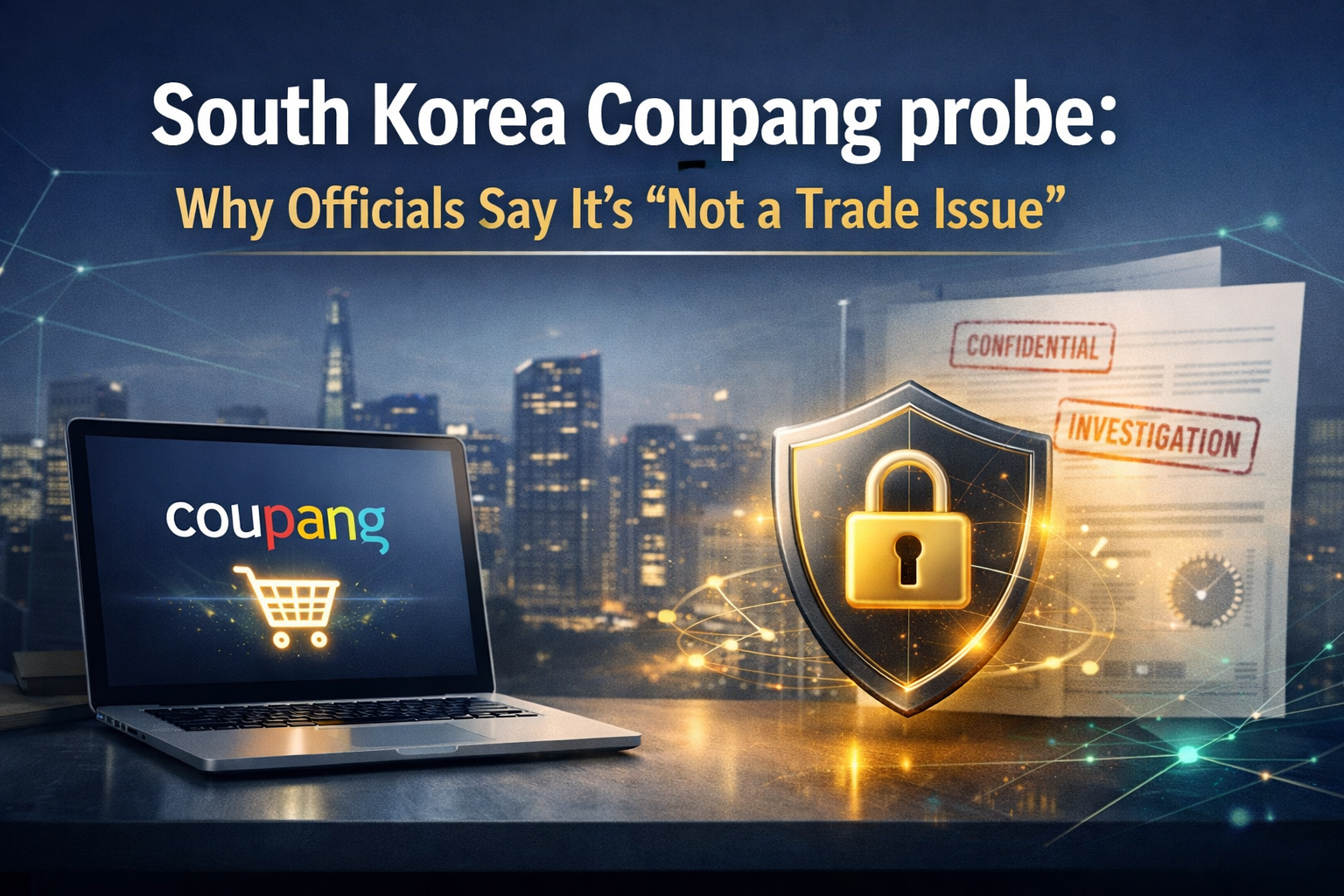South Korea Coupang probe banner showing secure e-commerce data and regulatory investigation theme in navy blue and gold.