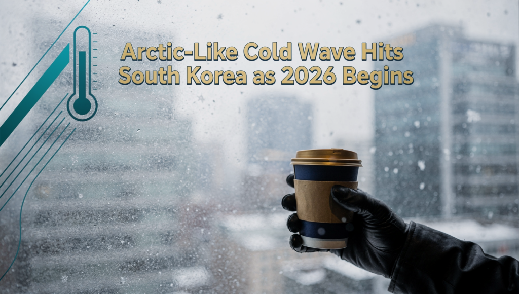 South Korea cold wave banner with a modern winter city background and frosty business-commute visuals in navy, gold, and teal.