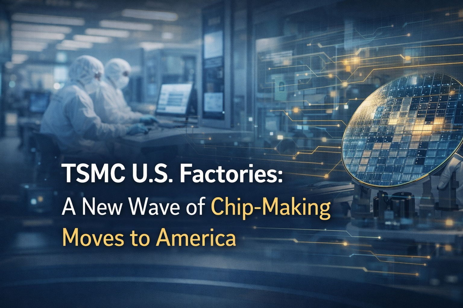 TSMC U.S. factories banner showing a semiconductor cleanroom and silicon wafer visuals in navy, gold, teal, and light gray.