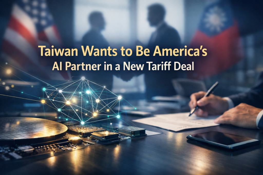 Taiwan US AI partnership banner showing a high-tech trade meeting with semiconductor and AI network visuals in navy, gold, gray, and teal.