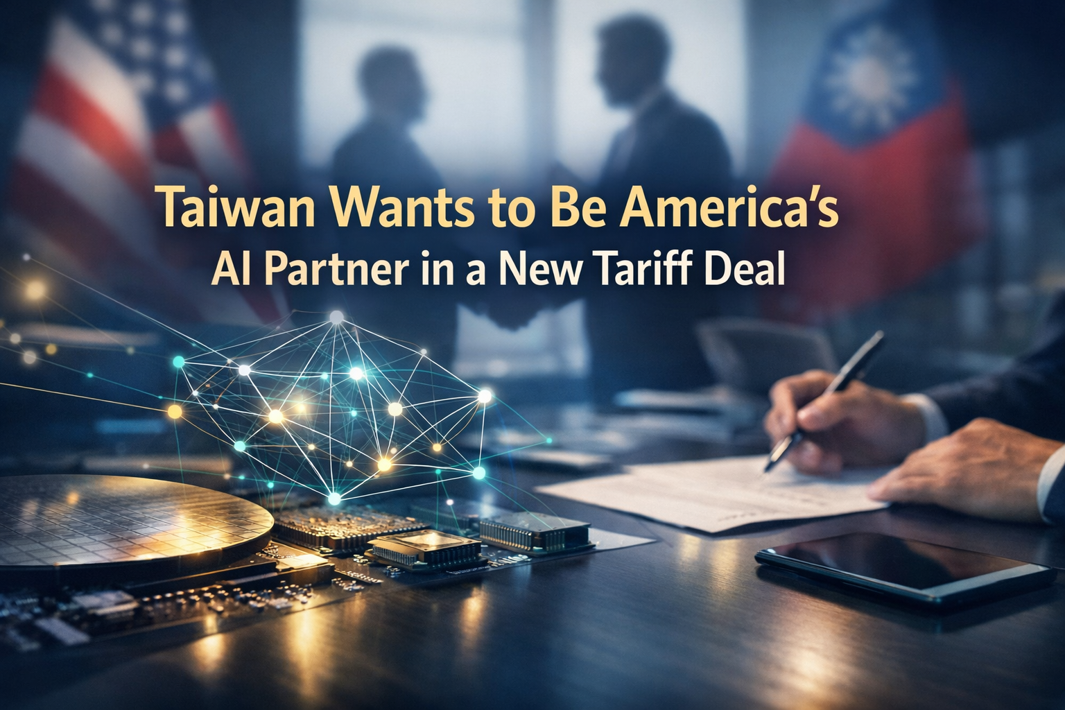 Taiwan US AI partnership banner showing a high-tech trade meeting with semiconductor and AI network visuals in navy, gold, gray, and teal.