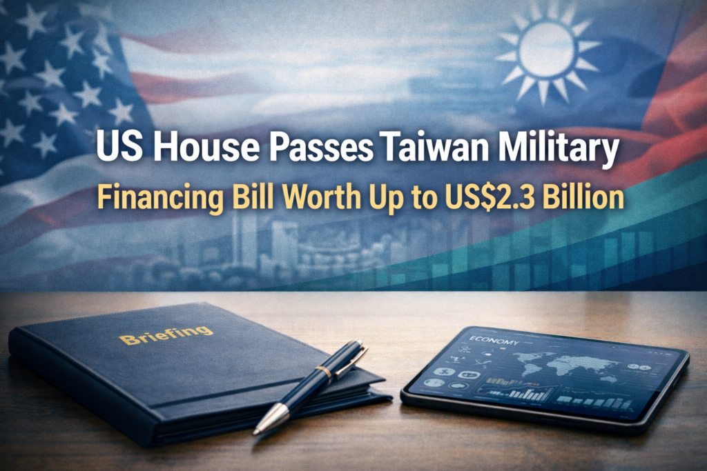 Taiwan military financing bill banner with a professional international briefing scene, finance icons, and modern geopolitical visuals.