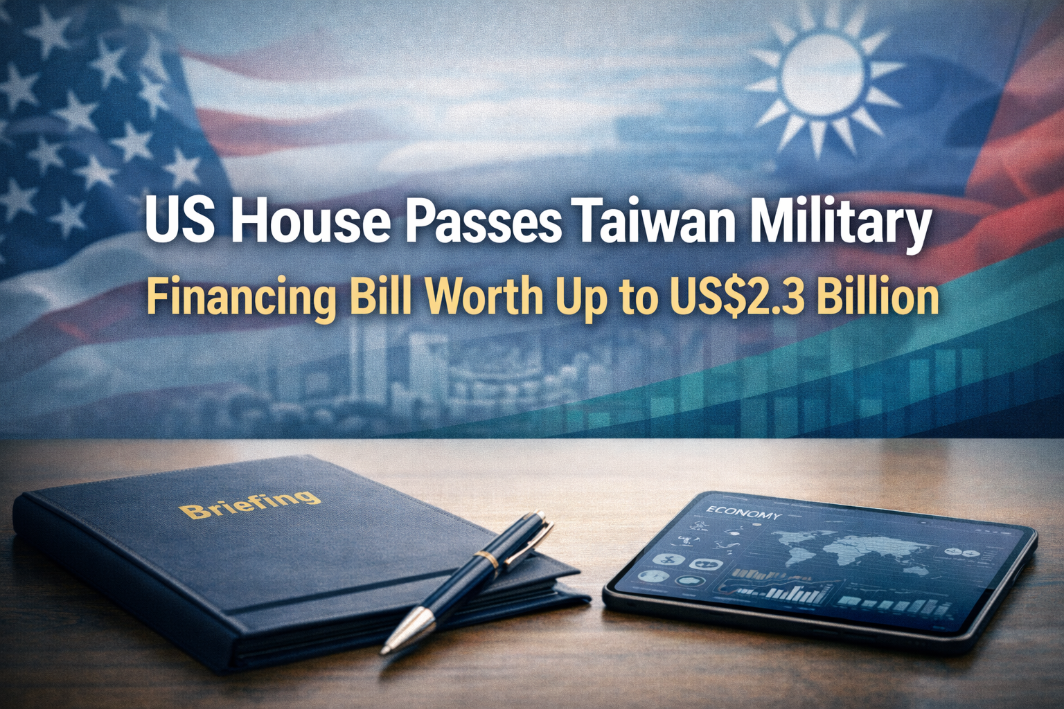Taiwan military financing bill banner with a professional international briefing scene, finance icons, and modern geopolitical visuals.