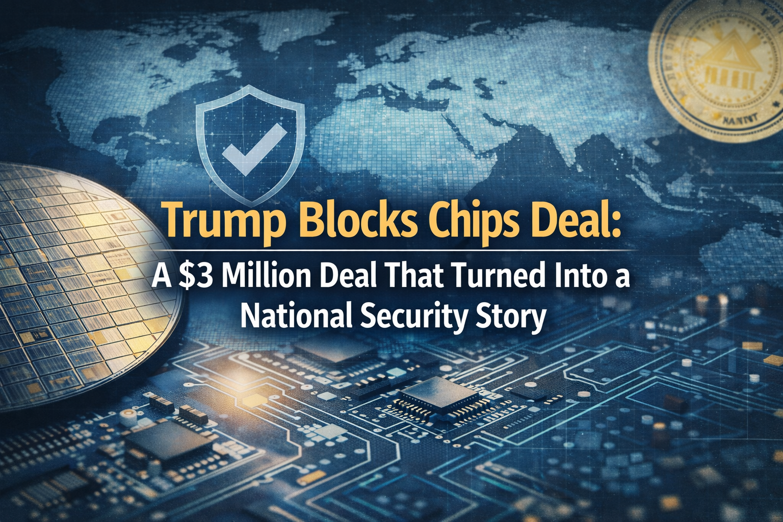 Trump blocks chips deal banner with semiconductor imagery and security-themed business visuals in navy and gold.