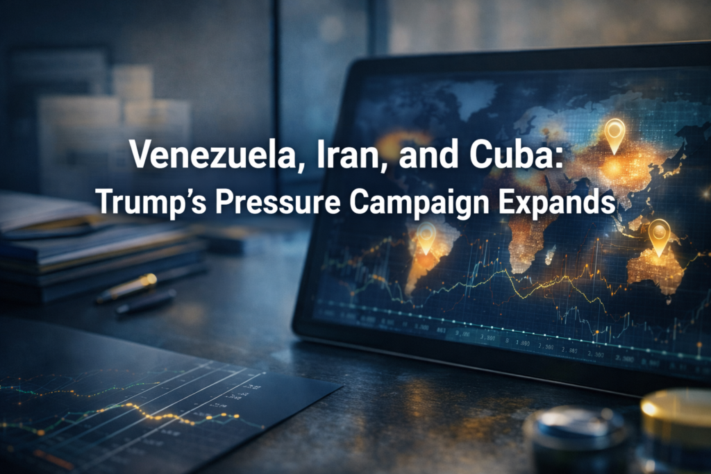 Trump pressure strategy banner featuring a global risk map, market-style data visuals, and a corporate desk in navy, gold, and teal.