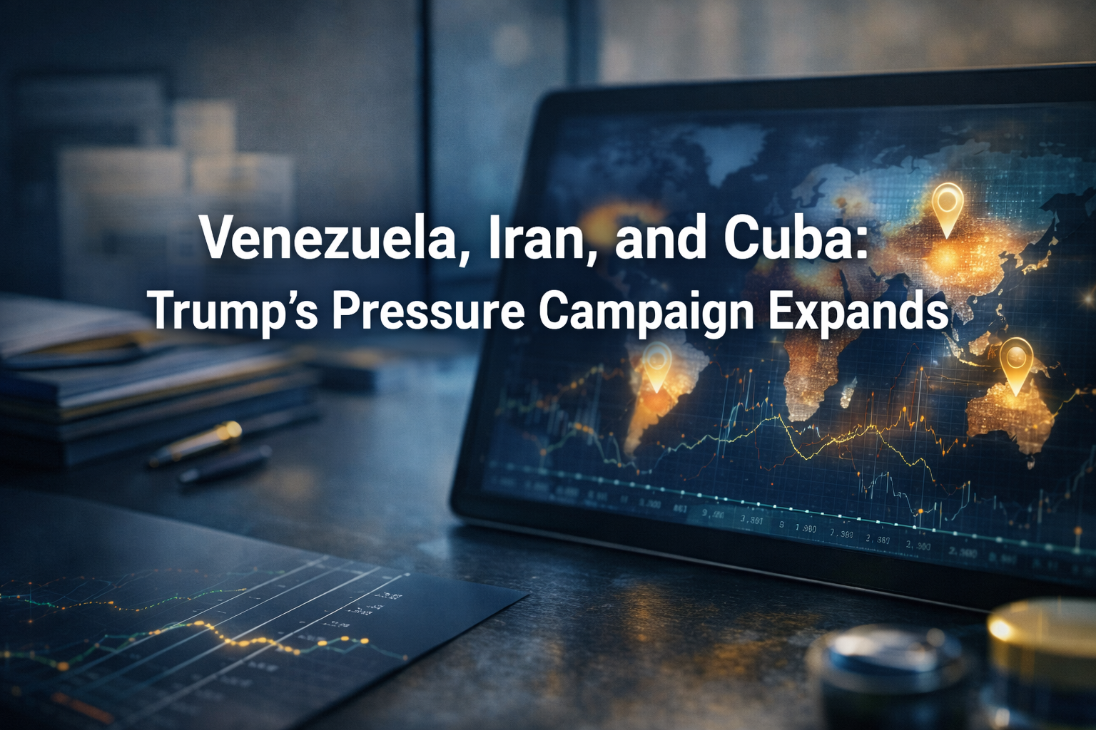 Trump pressure strategy banner featuring a global risk map, market-style data visuals, and a corporate desk in navy, gold, and teal.