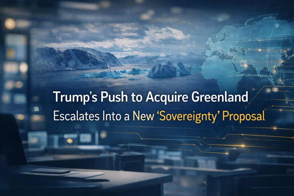 Trump’s push to acquire Greenland banner with Arctic imagery and geopolitical map overlays in navy, gold, teal, and light gray.
