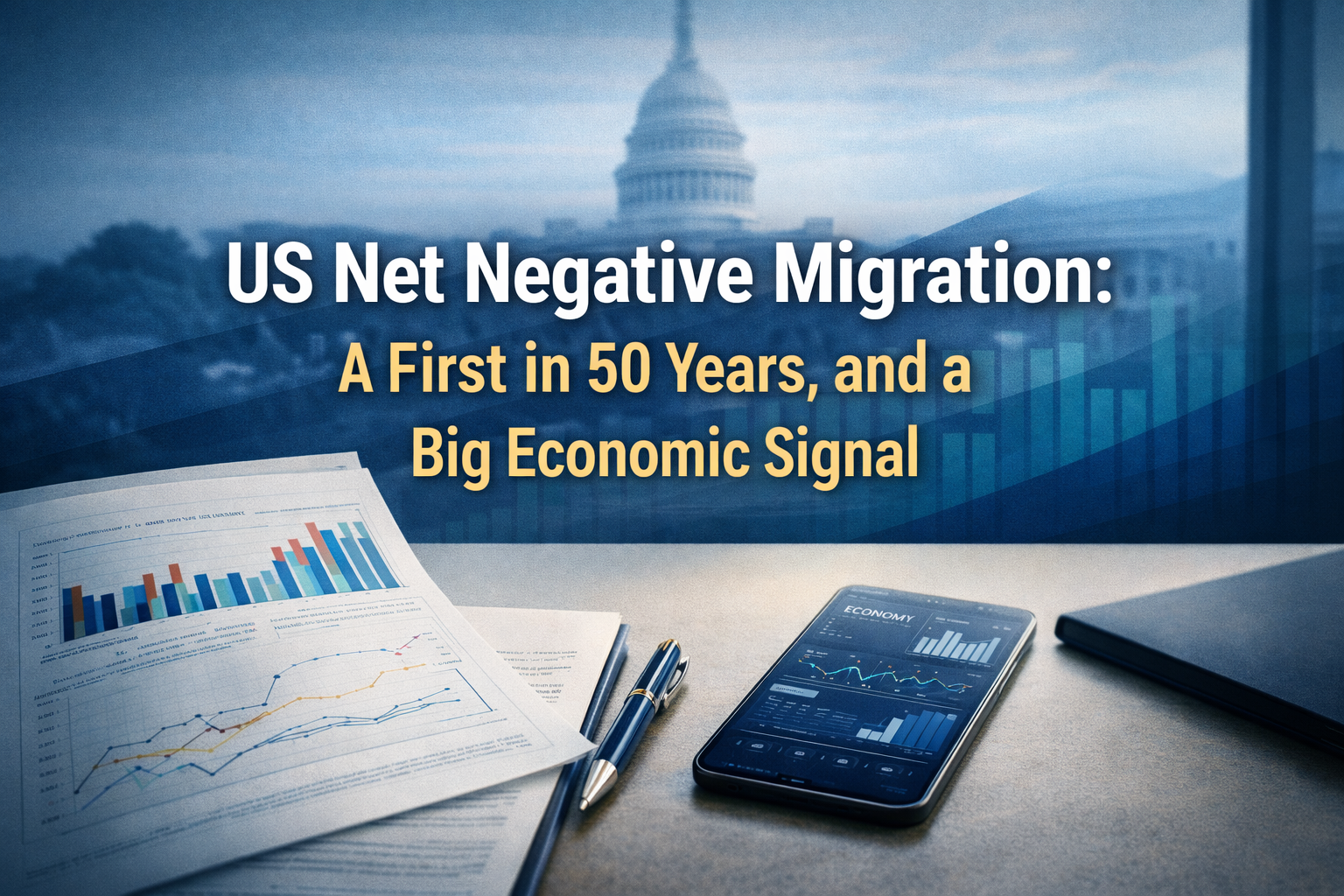 US net negative migration explained with a business-style economic report, charts, and a modern policy-themed background.
