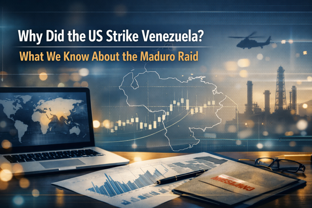US raid in Venezuela banner showing a modern newsroom-style world map briefing with Venezuela outline and market-style chart overlay.