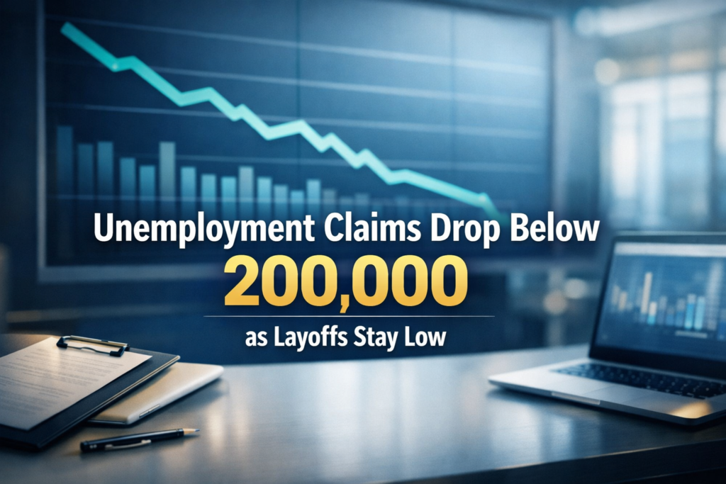 Unemployment claims drop below 200,000 shown on a clean business chart in a modern office-style banner