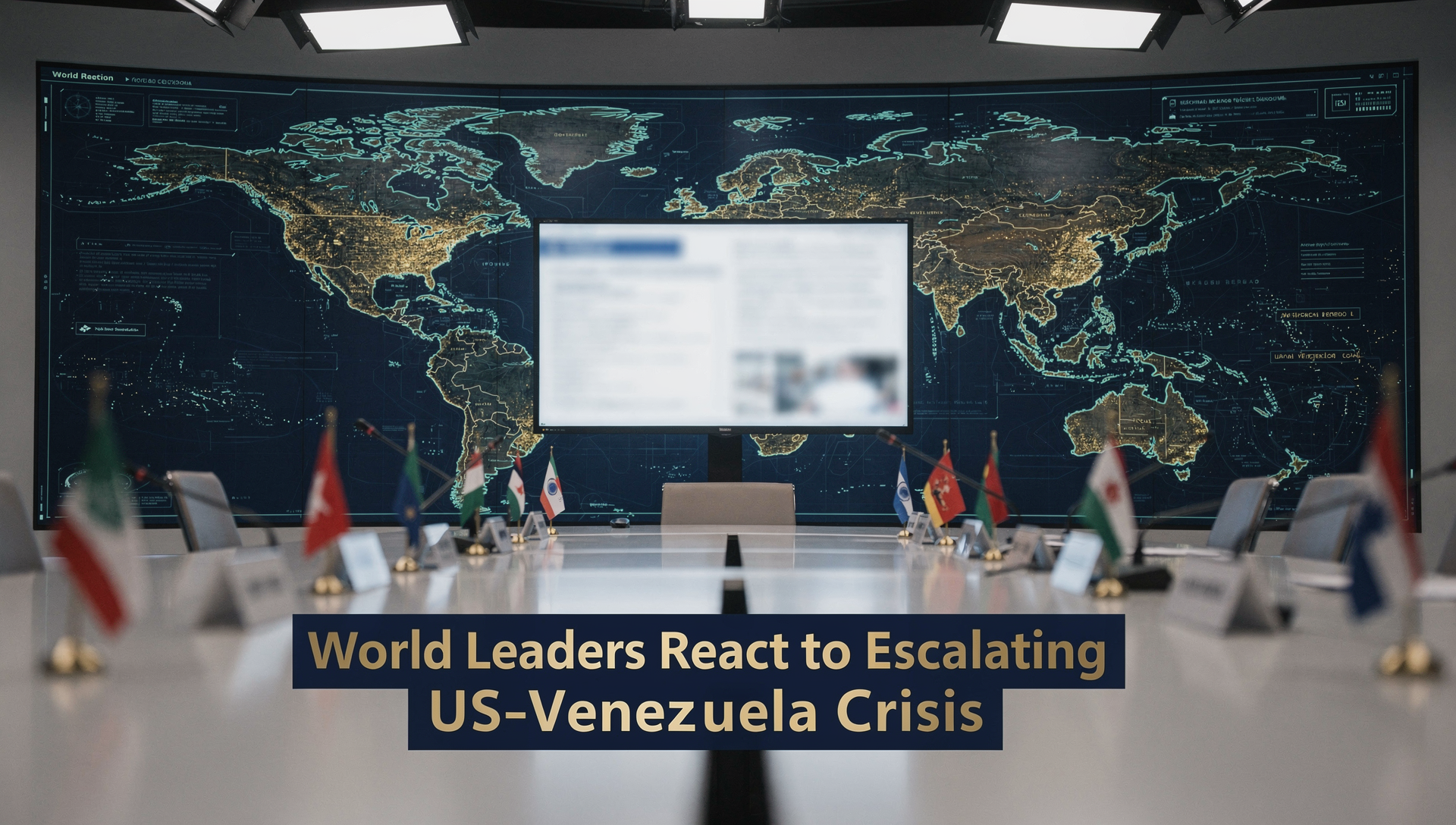 Business-news banner with world map and diplomatic setting representing Venezuela bombing reactions from global leaders after the reported U.S. strike.