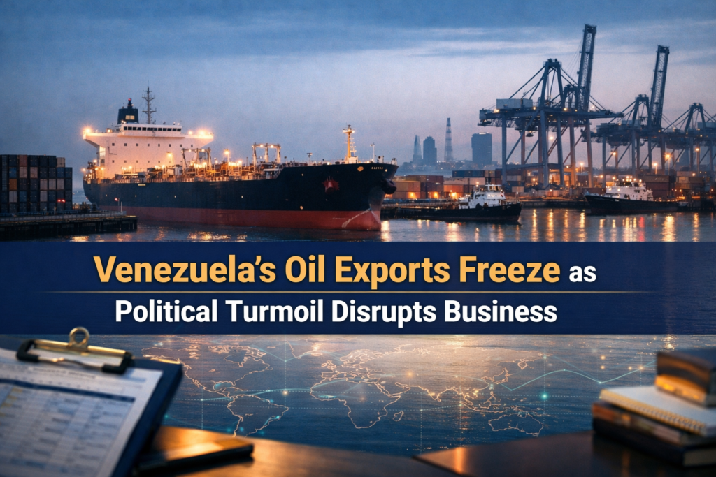 Photographic banner of oil tankers stuck at a port, showing Venezuela oil exports paralyzed as political turmoil disrupts shipping.